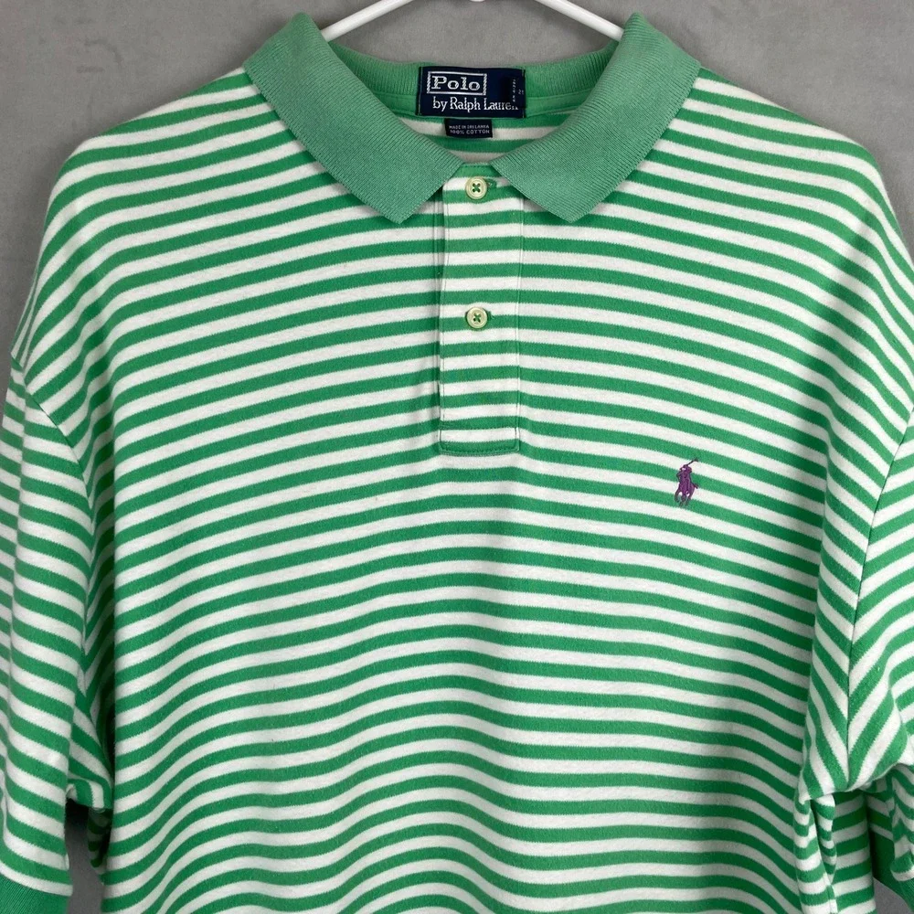 VTG 90s Polo Ralph Lauren L Green White Striped Short Sleeve Cotton‎ Polo Shirt